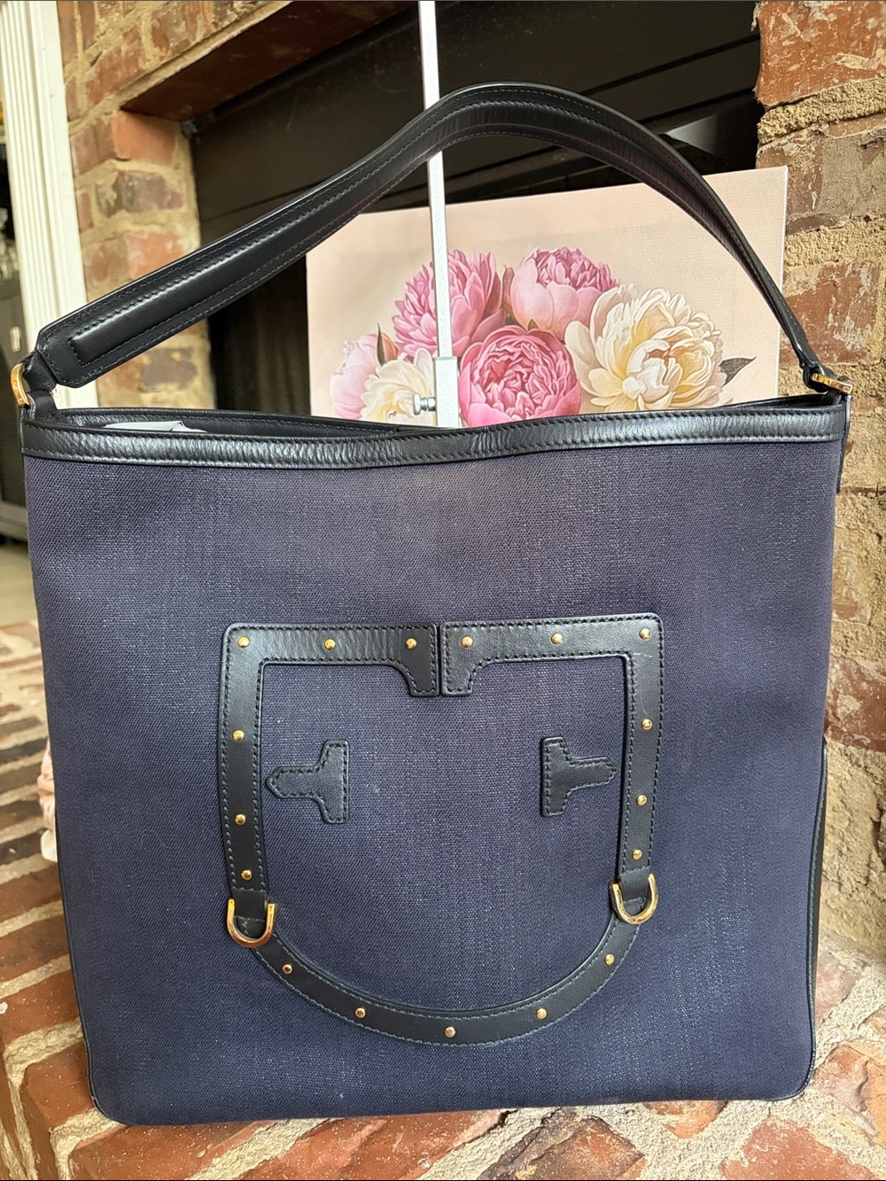 Furla Navy Blue Canvas Shoulder Bag with Black Trim and Gold Hardware